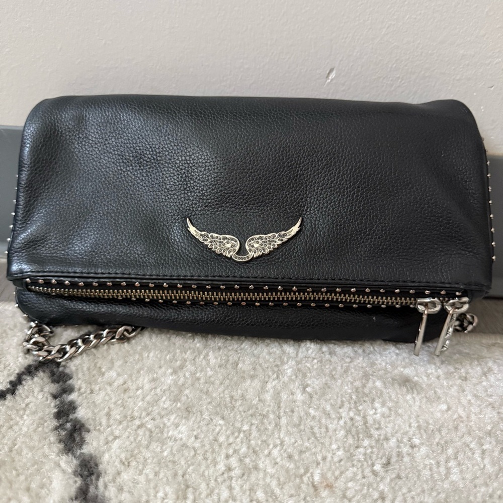 Zadig & Voltaire Bag Rocky Foldover Clutch Crossbody in Pebbled Leather Black - Picture 6 of 11